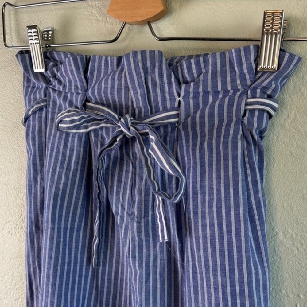 Blue Pinstripe Paperbag Tie-Waist Wide Leg Pants 4 Stretch Cotton Blend - Picture 3 of 5